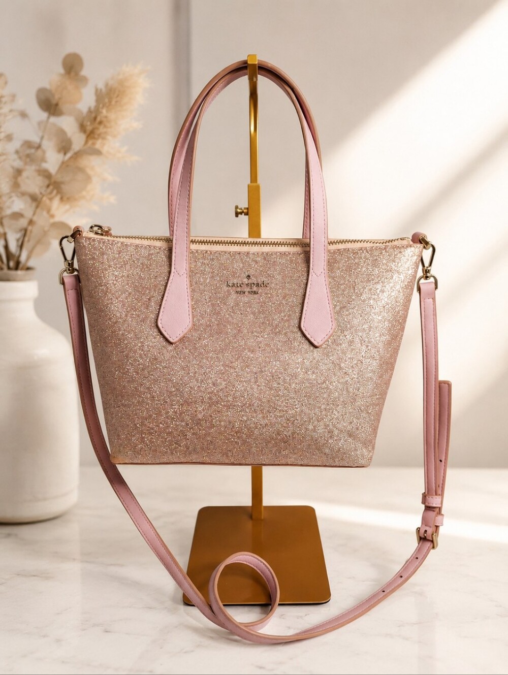 Kate Spade Joeley Small Satchel Rose Gold Pink Glitter Crossbody Bag Like New